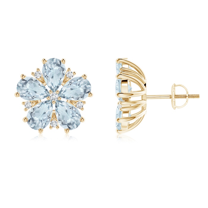 6x4mm A Pear-Shaped Aquamarine and Diamond Flower Stud Earrings in 10K Yellow Gold 