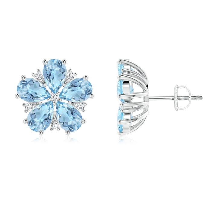 6x4mm AAA Pear-Shaped Aquamarine and Diamond Flower Stud Earrings in White Gold