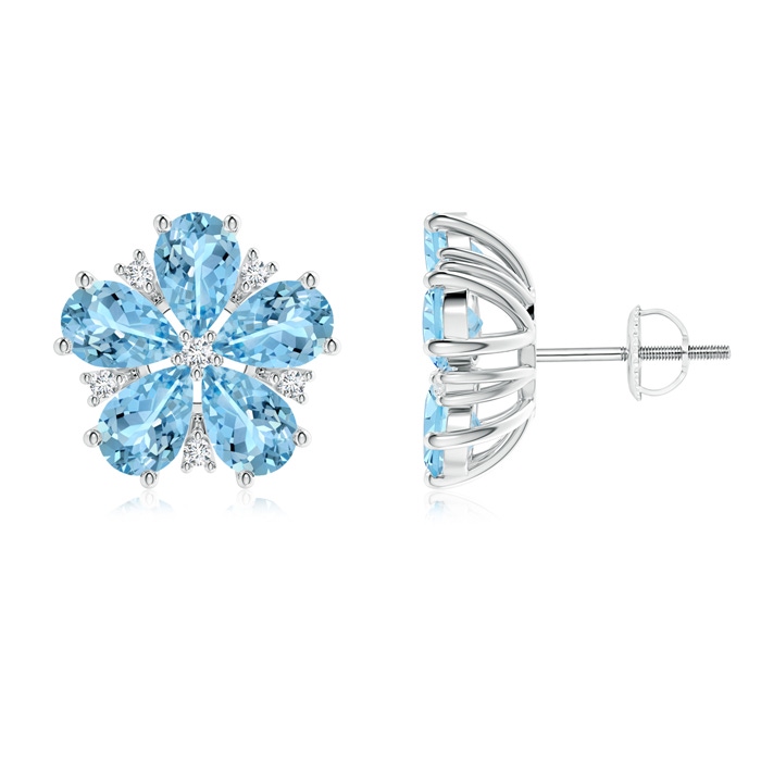 6x4mm AAAA Pear-Shaped Aquamarine and Diamond Flower Stud Earrings in P950 Platinum