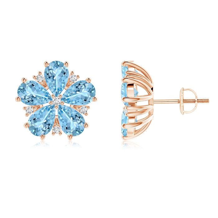 6x4mm AAAA Pear-Shaped Aquamarine and Diamond Flower Stud Earrings in Rose Gold