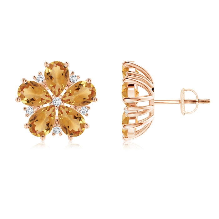 6x4mm A Pear-Shaped Citrine and Diamond Flower Stud Earrings in Rose Gold 