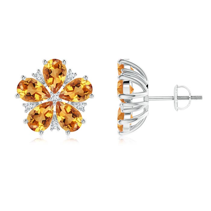 6x4mm AA Pear-Shaped Citrine and Diamond Flower Stud Earrings in P950 Platinum