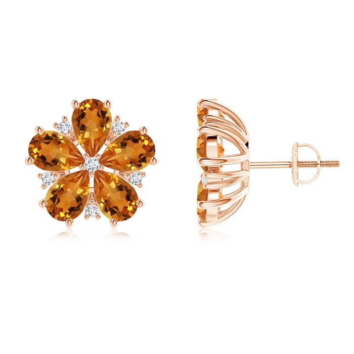 6x4mm AAA Pear-Shaped Citrine and Diamond Flower Stud Earrings in Rose Gold 