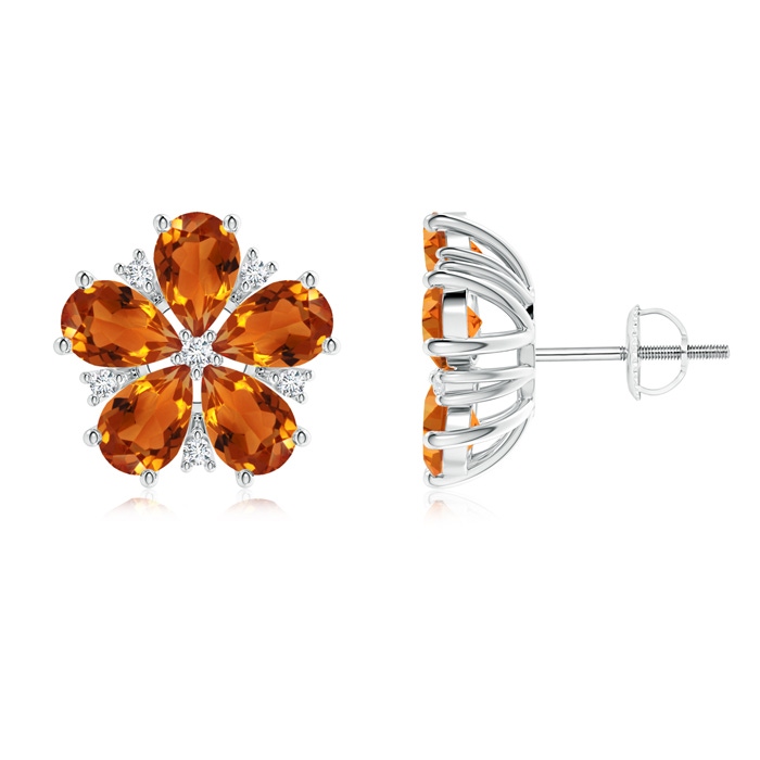 6x4mm AAAA Pear-Shaped Citrine and Diamond Flower Stud Earrings in P950 Platinum 