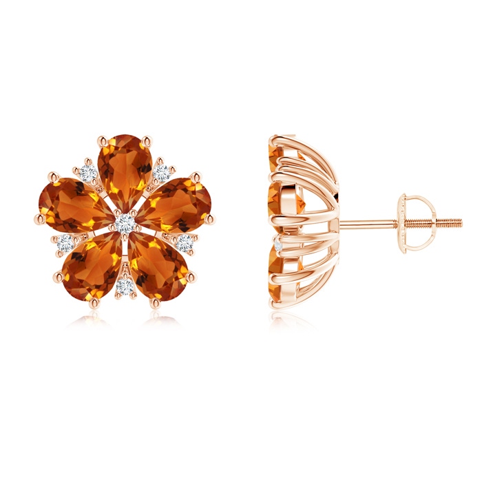 6x4mm AAAA Pear-Shaped Citrine and Diamond Flower Stud Earrings in Rose Gold