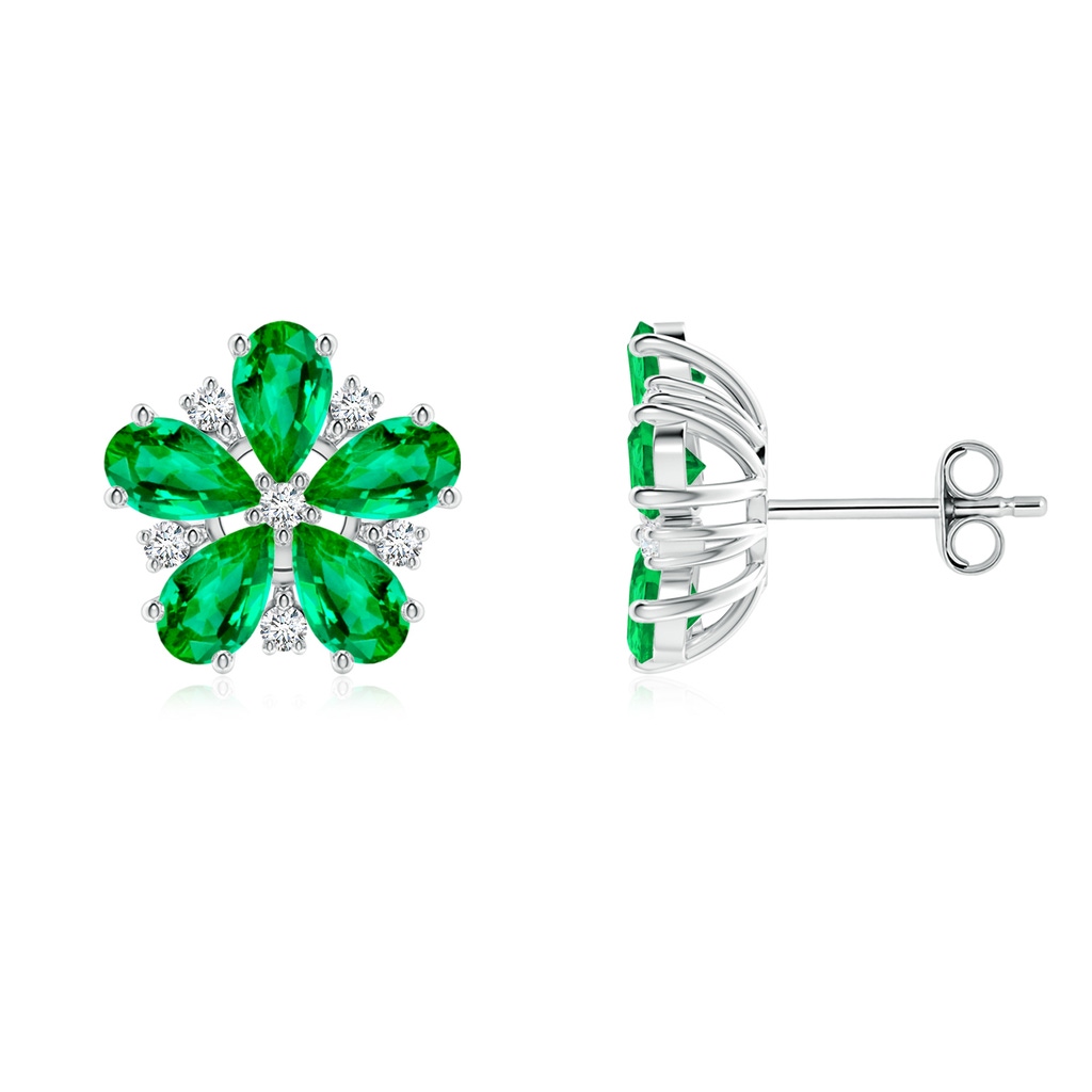 5x3mm AAA Pear Emerald and Diamond Flower Stud Earrings in White Gold