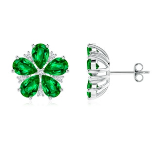 6x4mm AAAA Pear Emerald and Diamond Flower Stud Earrings in P950 Platinum