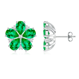 7x5mm AAA Pear Emerald and Diamond Flower Stud Earrings in P950 Platinum