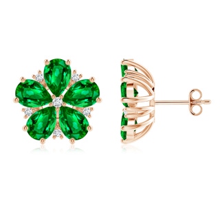 7x5mm AAAA Pear Emerald and Diamond Flower Stud Earrings in Rose Gold