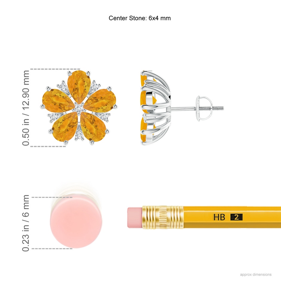 6x4mm A Pear-Shaped Fire Opal and Diamond Flower Stud Earrings in P950 Platinum ruler