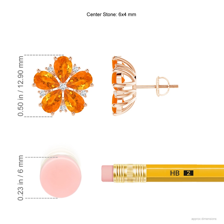 6x4mm AA Pear-Shaped Fire Opal and Diamond Flower Stud Earrings in Rose Gold ruler