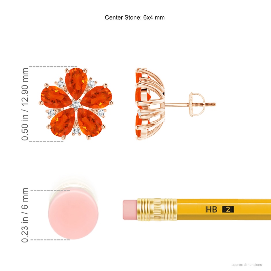 6x4mm AAA Pear-Shaped Fire Opal and Diamond Flower Stud Earrings in Rose Gold ruler