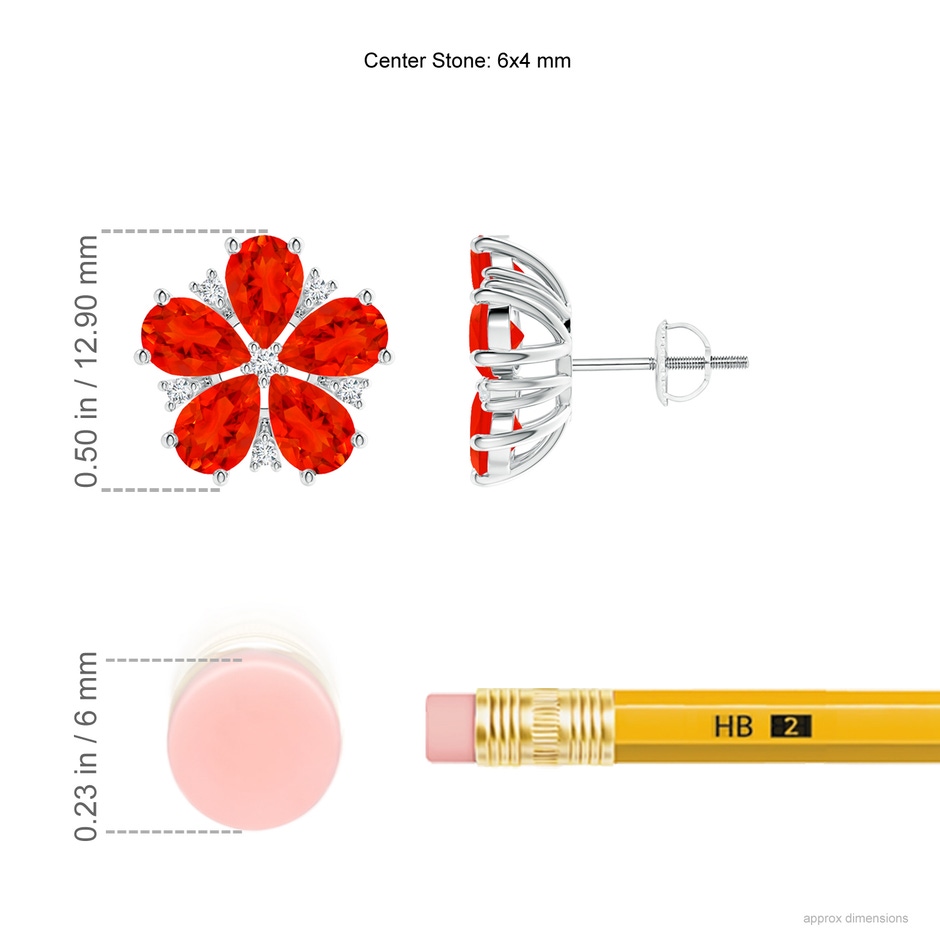 6x4mm AAAA Pear-Shaped Fire Opal and Diamond Flower Stud Earrings in P950 Platinum ruler