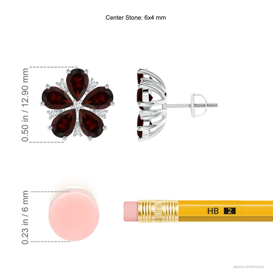 6x4mm A Pear-Shaped Garnet and Diamond Flower Stud Earrings in P950 Platinum ruler