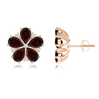 6x4mm A Pear-Shaped Garnet and Diamond Flower Stud Earrings in Rose Gold