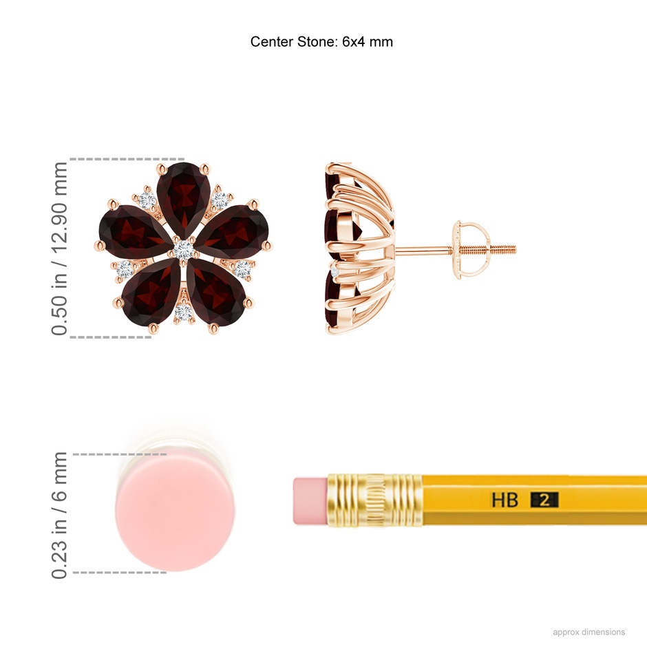 6x4mm A Pear-Shaped Garnet and Diamond Flower Stud Earrings in Rose Gold ruler