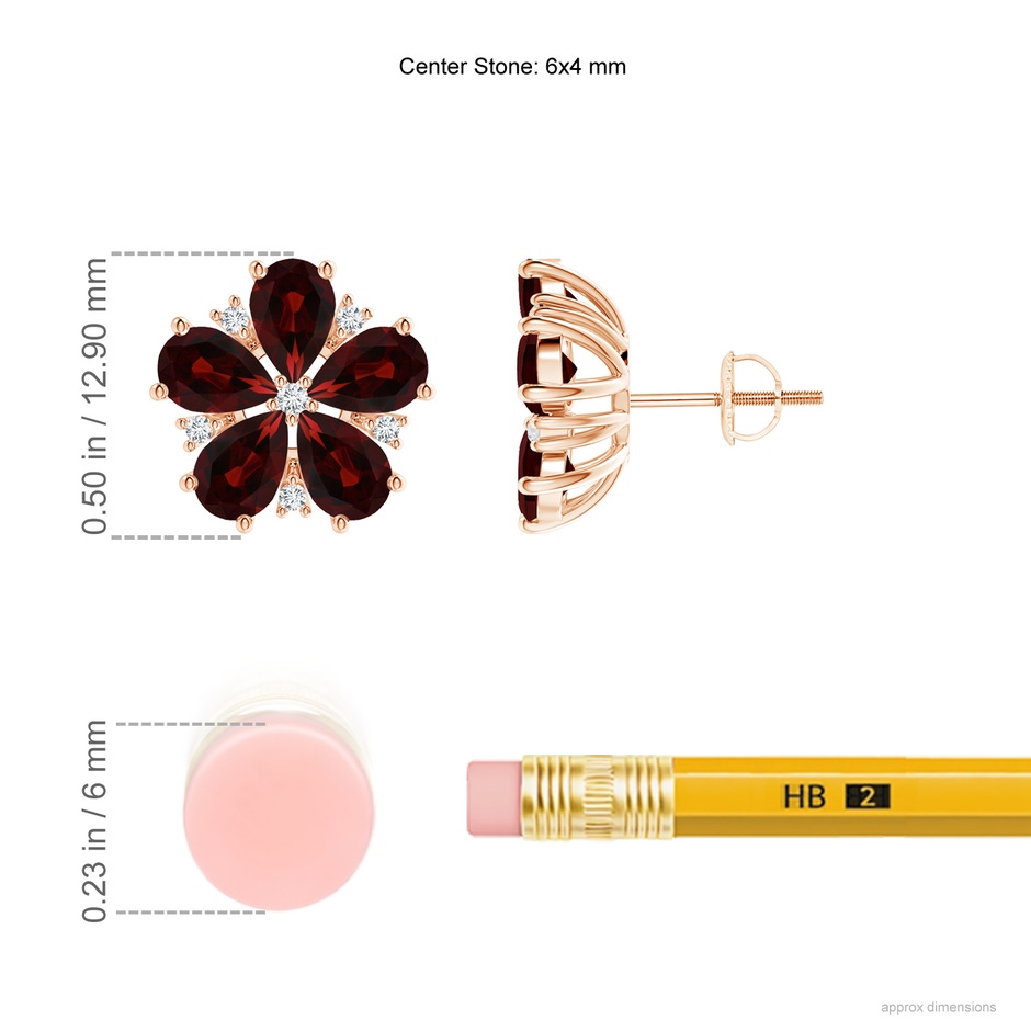 6x4mm AA Pear-Shaped Garnet and Diamond Flower Stud Earrings in Rose Gold ruler