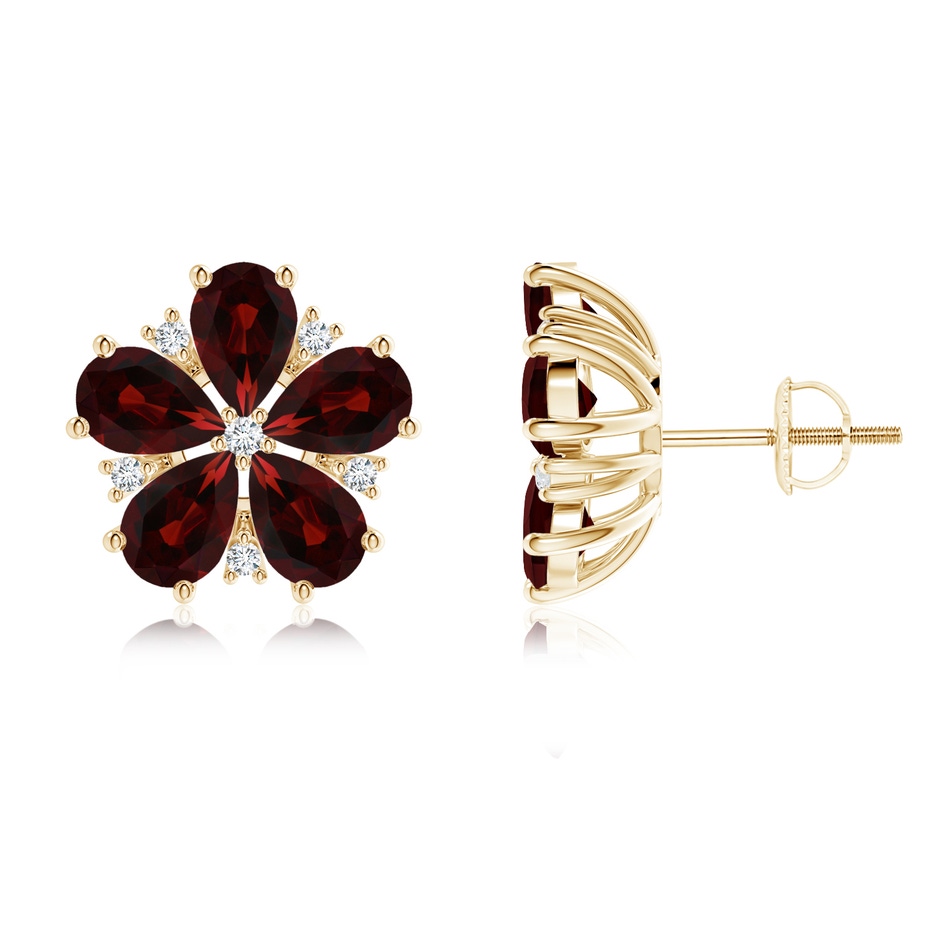 6x4mm AA Pear-Shaped Garnet and Diamond Flower Stud Earrings in Yellow Gold 