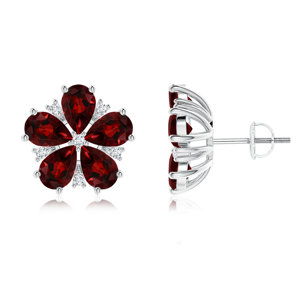 6x4mm AAA Pear-Shaped Garnet and Diamond Flower Stud Earrings in White Gold