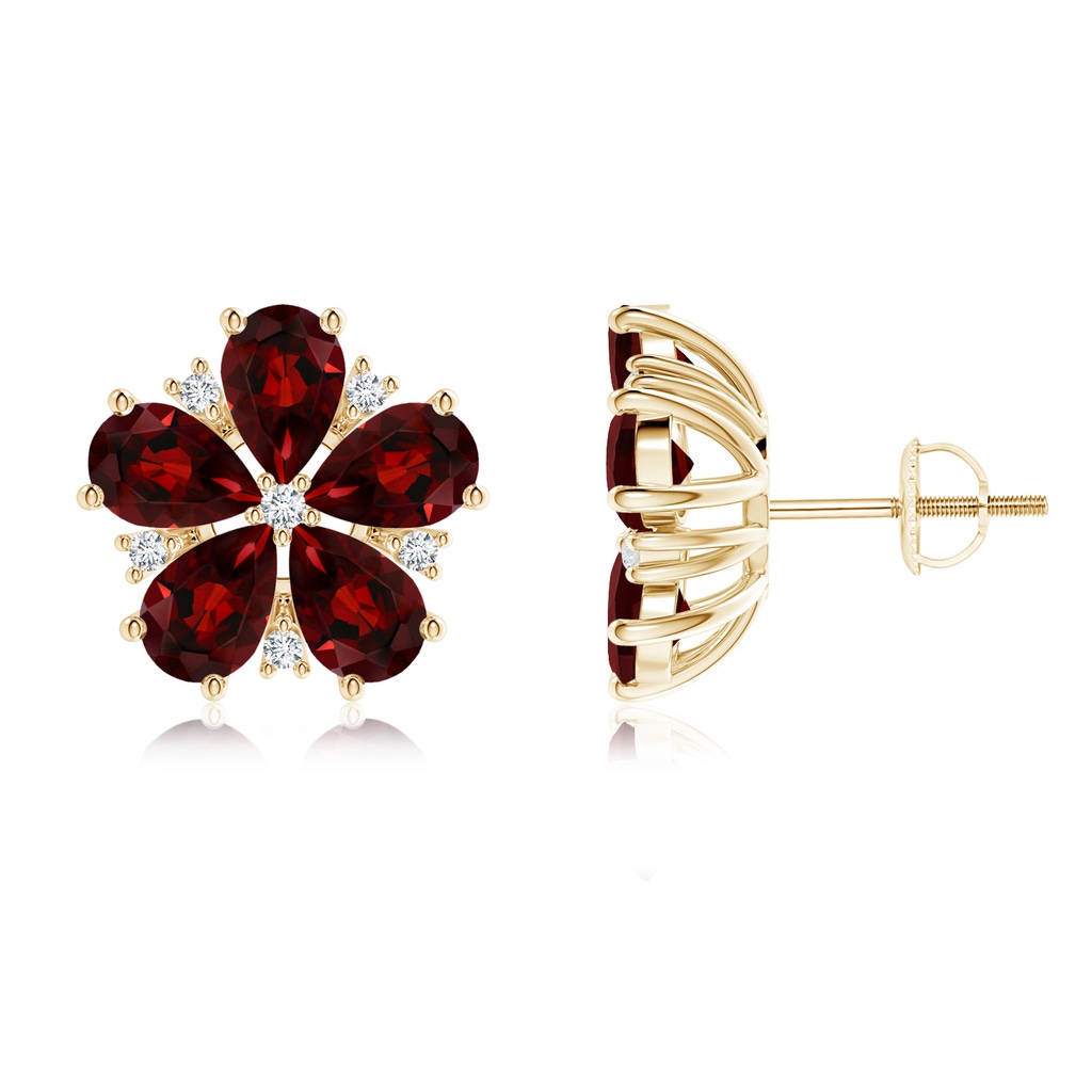 6x4mm AAA Pear-Shaped Garnet and Diamond Flower Stud Earrings in Yellow Gold