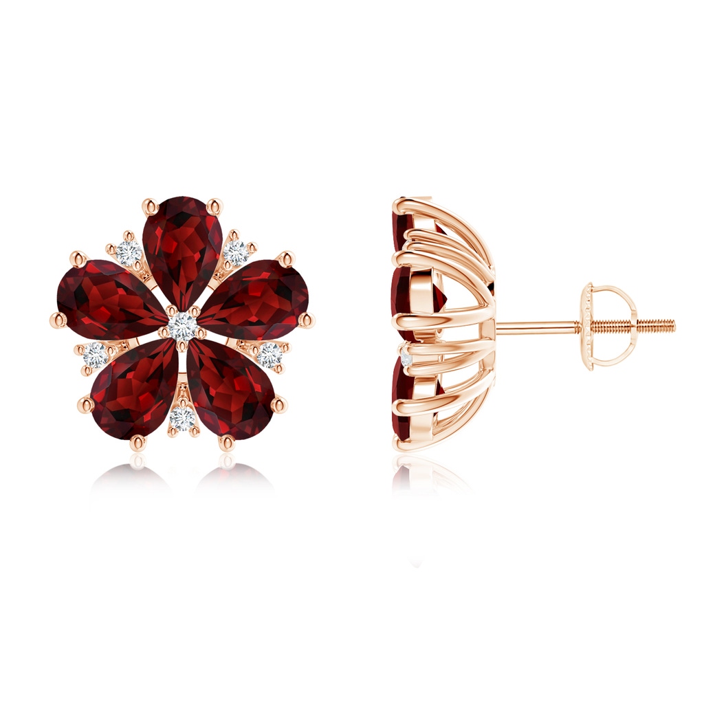 6x4mm AAAA Pear-Shaped Garnet and Diamond Flower Stud Earrings in Rose Gold