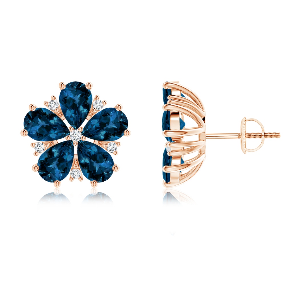 6x4mm AAAA Pear-Shaped London Blue Topaz and Diamond Stud Earrings in Rose Gold