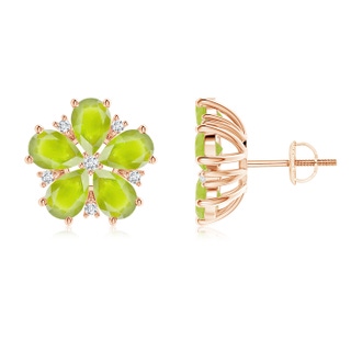 6x4mm A Pear-Shaped Peridot and Diamond Flower Stud Earrings in Rose Gold