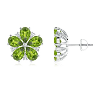 6x4mm AAA Pear-Shaped Peridot and Diamond Flower Stud Earrings in P950 Platinum