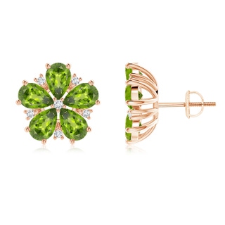 6x4mm AAA Pear-Shaped Peridot and Diamond Flower Stud Earrings in Rose Gold