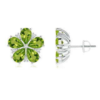 6x4mm AAAA Pear-Shaped Peridot and Diamond Flower Stud Earrings in P950 Platinum