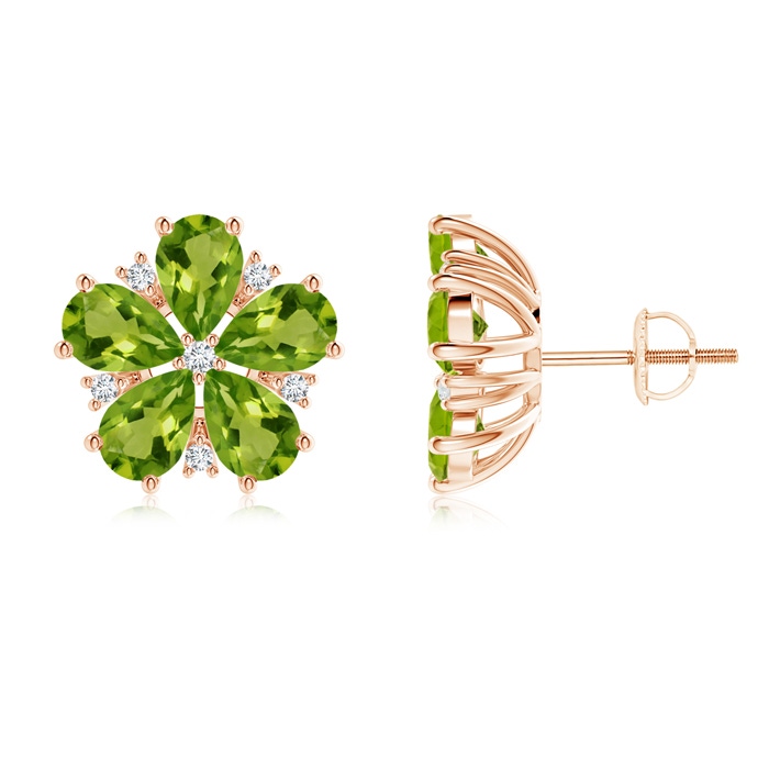 6x4mm AAAA Pear-Shaped Peridot and Diamond Flower Stud Earrings in Rose Gold