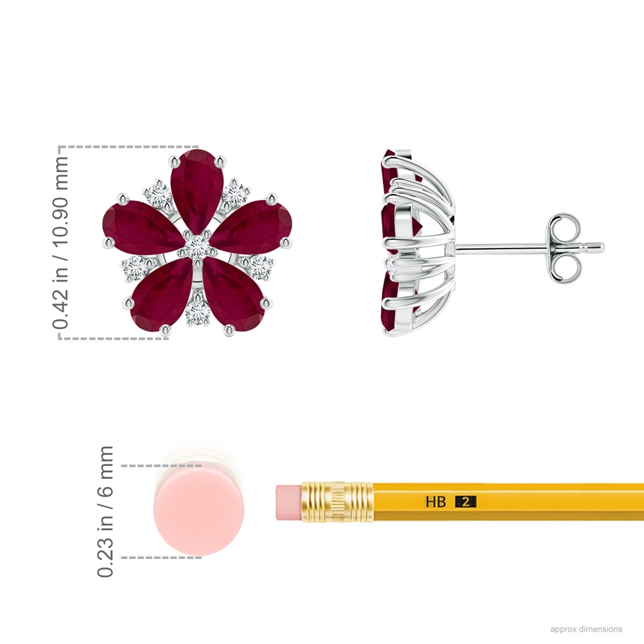 5x3mm A Pear Ruby and Diamond Flower Stud Earrings in P950 Platinum ruler