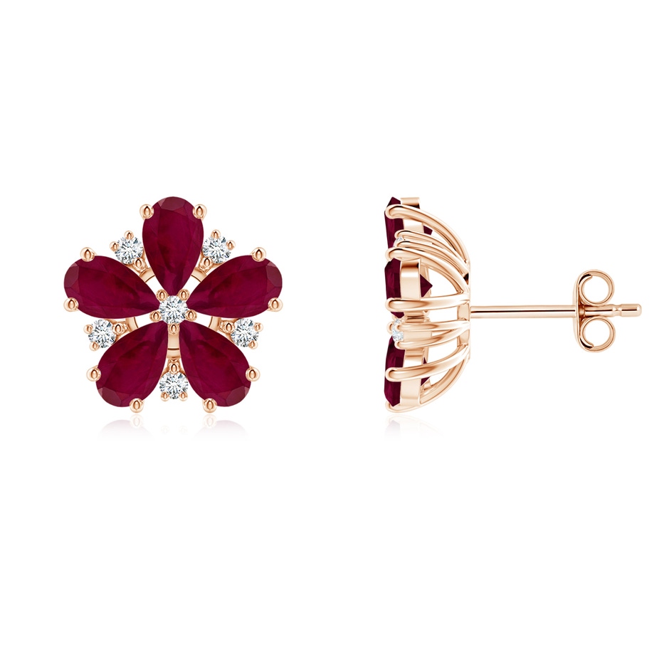 5x3mm A Pear Ruby and Diamond Flower Stud Earrings in Rose Gold 