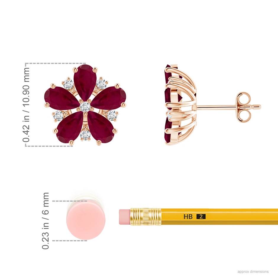 5x3mm A Pear Ruby and Diamond Flower Stud Earrings in Rose Gold ruler