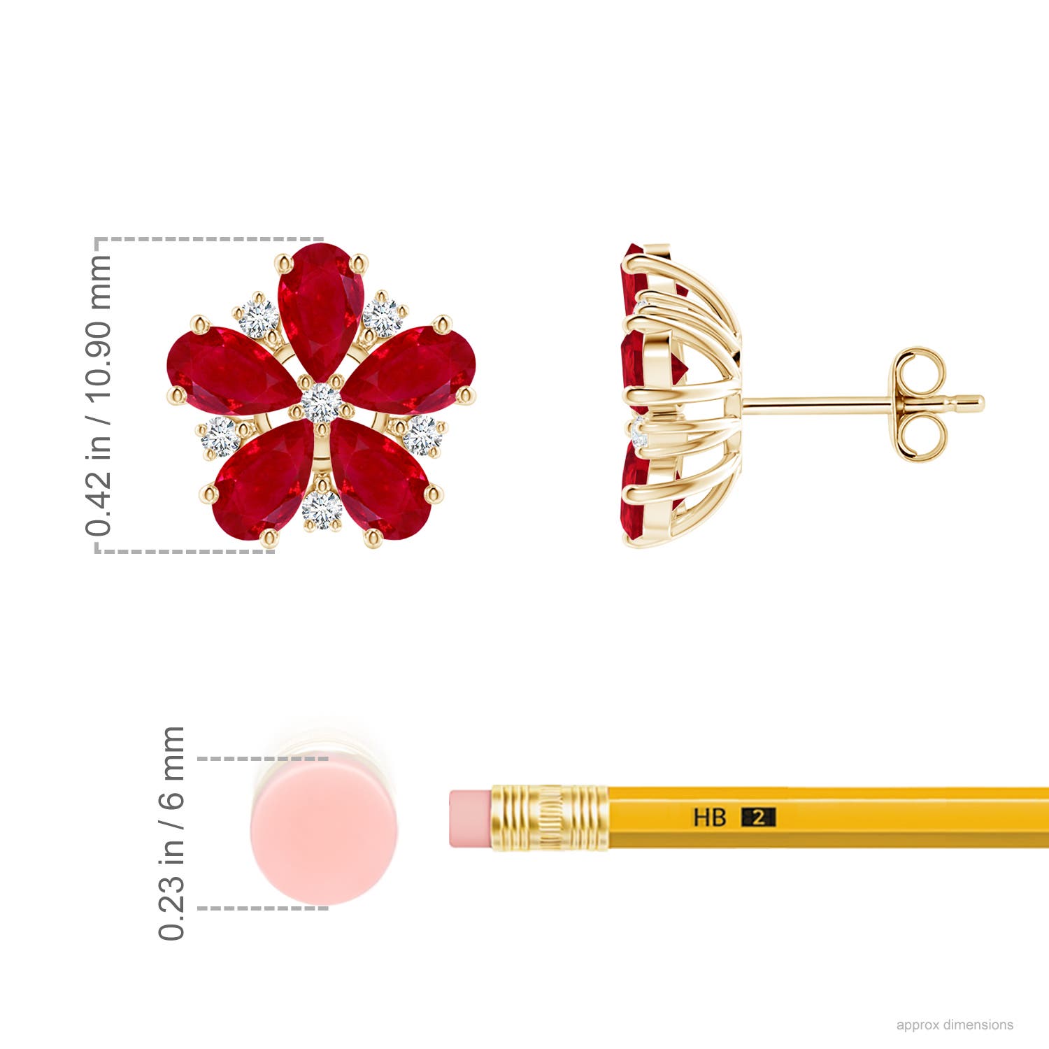 5x3mm AAA Pear Ruby and Diamond Flower Stud Earrings in 18CT Yellow Gold - ruler
