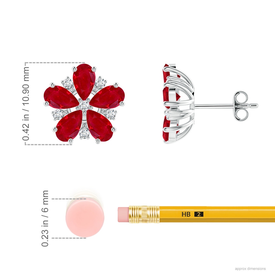 5x3mm AAA Pear Ruby and Diamond Flower Stud Earrings in White Gold ruler