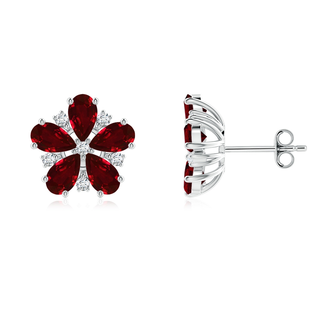5x3mm AAAA Pear Ruby and Diamond Flower Stud Earrings in P950 Platinum