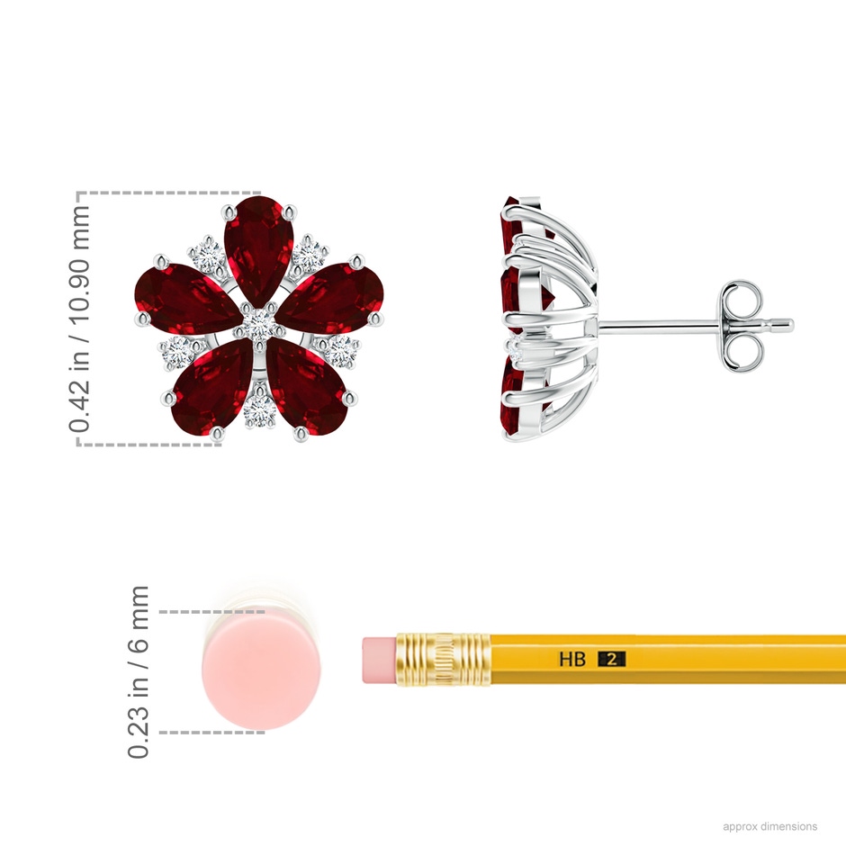 5x3mm AAAA Pear Ruby and Diamond Flower Stud Earrings in P950 Platinum ruler