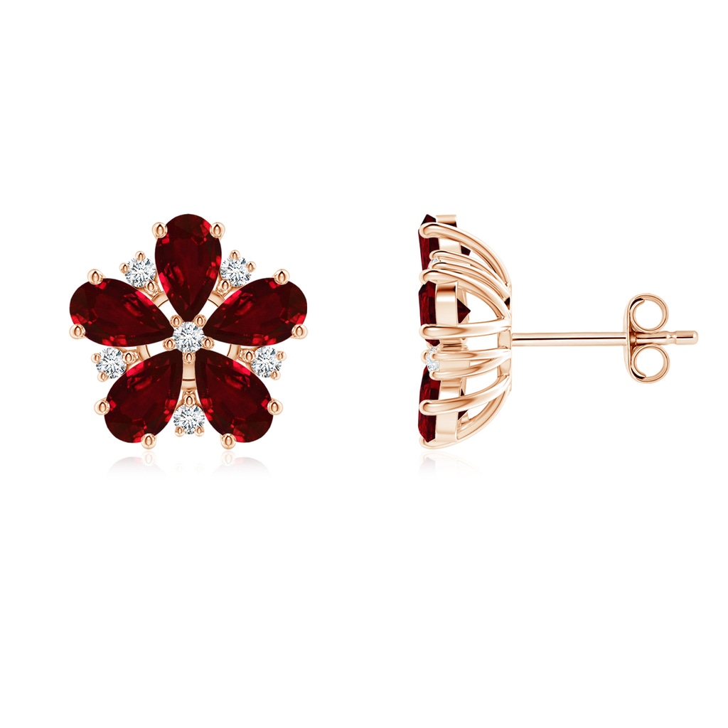 5x3mm AAAA Pear Ruby and Diamond Flower Stud Earrings in Rose Gold