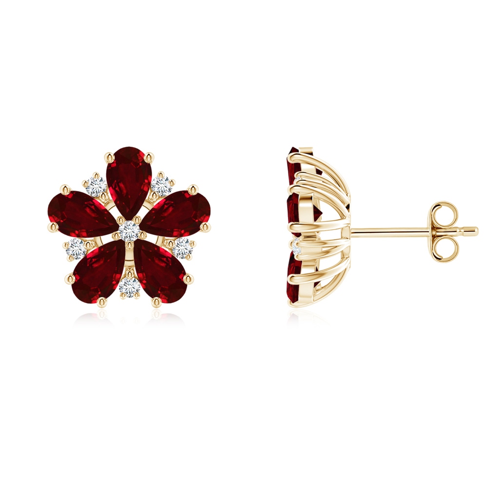 5x3mm AAAA Pear Ruby and Diamond Flower Stud Earrings in Yellow Gold