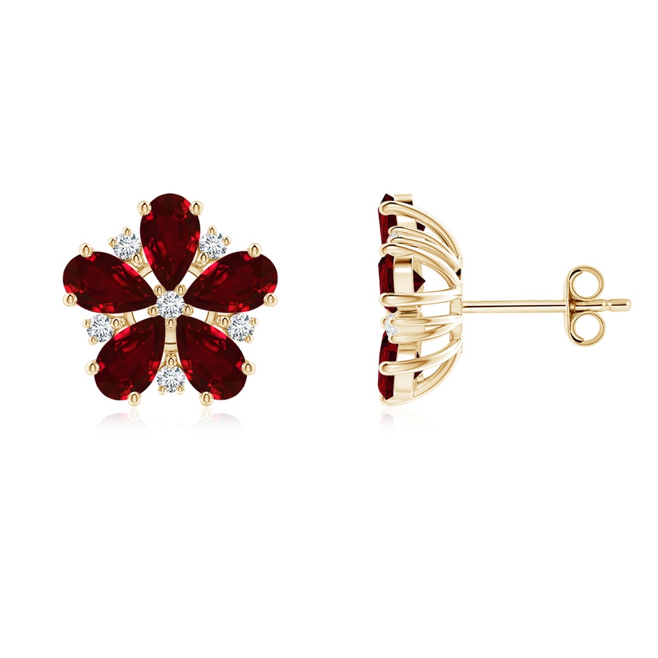 5x3mm AAAA Pear Ruby and Diamond Flower Stud Earrings in Yellow Gold 