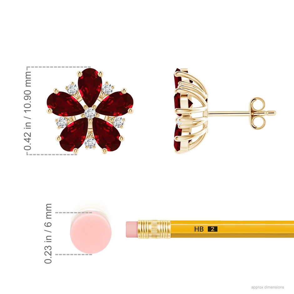 5x3mm AAAA Pear Ruby and Diamond Flower Stud Earrings in Yellow Gold ruler
