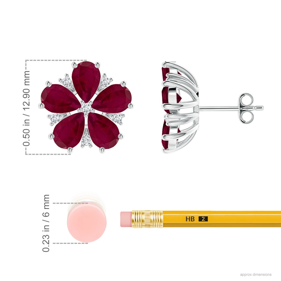 6x4mm A Pear Ruby and Diamond Flower Stud Earrings in P950 Platinum ruler