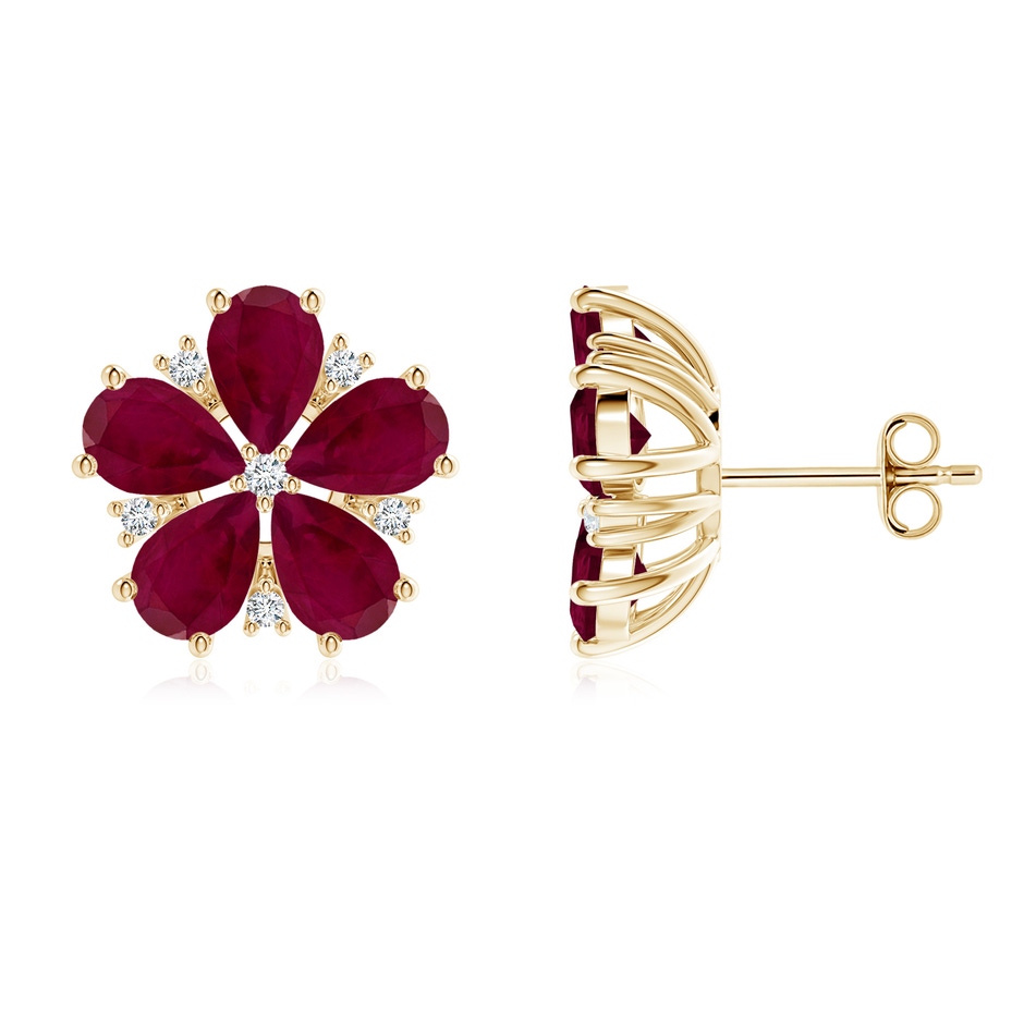 6x4mm A Pear Ruby and Diamond Flower Stud Earrings in Yellow Gold 
