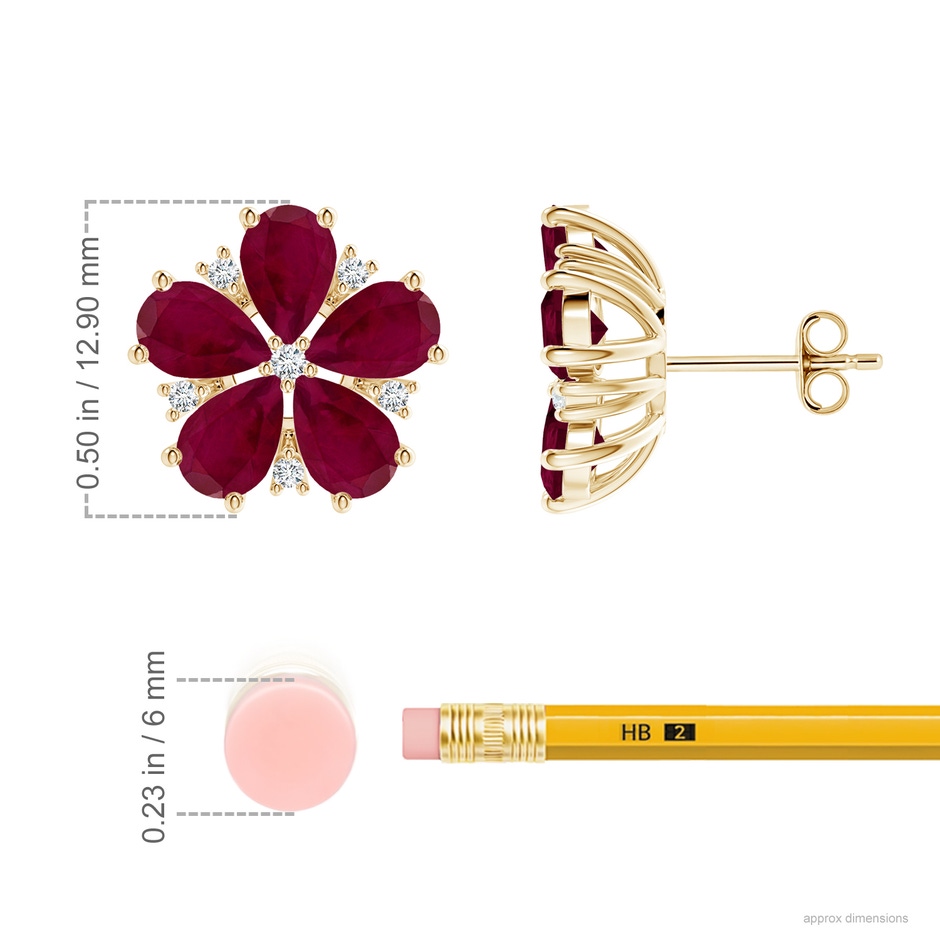 6x4mm A Pear Ruby and Diamond Flower Stud Earrings in Yellow Gold ruler