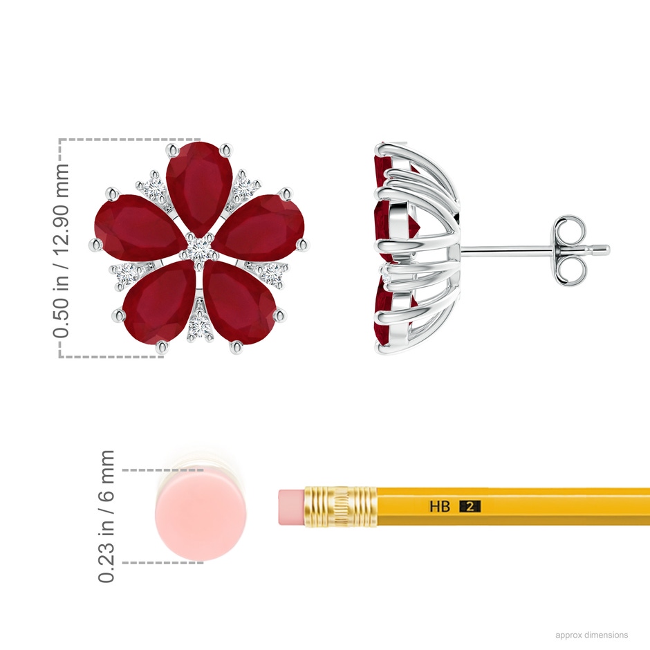 6x4mm AA Pear Ruby and Diamond Flower Stud Earrings in P950 Platinum ruler