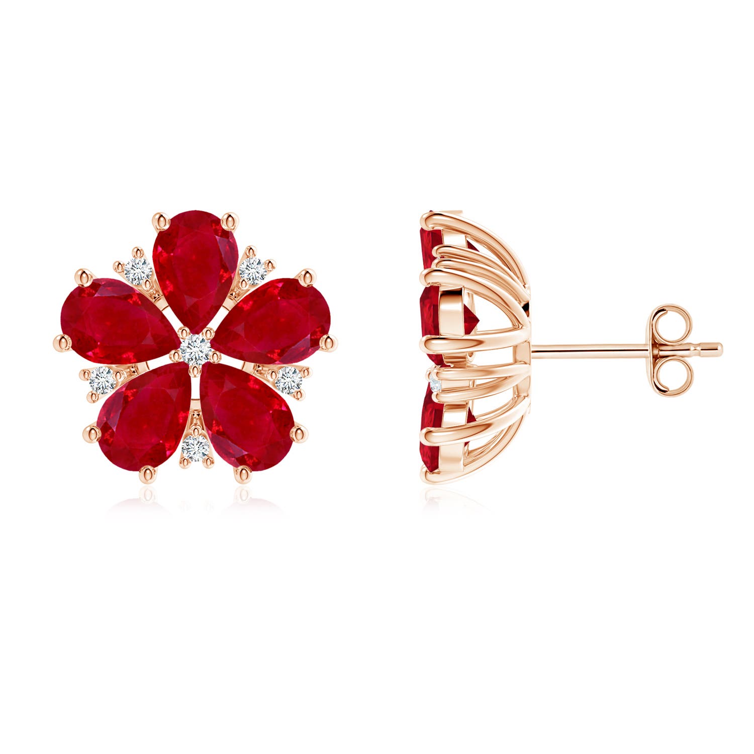 6x4mm AAA Pear Ruby and Diamond Flower Stud Earrings in Rose Gold
