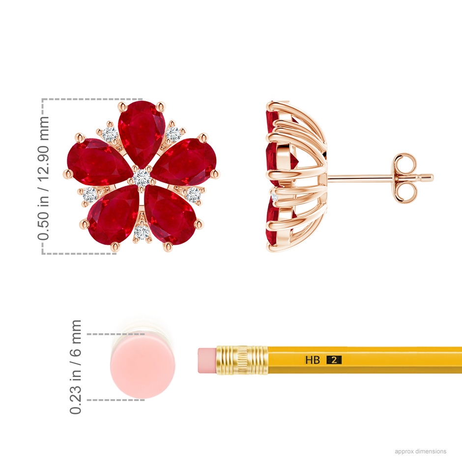 6x4mm AAA Pear Ruby and Diamond Flower Stud Earrings in Rose Gold ruler