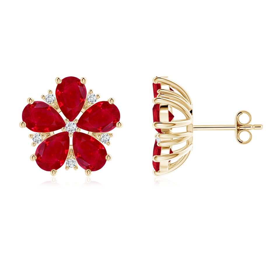 6x4mm AAA Pear Ruby and Diamond Flower Stud Earrings in Yellow Gold 