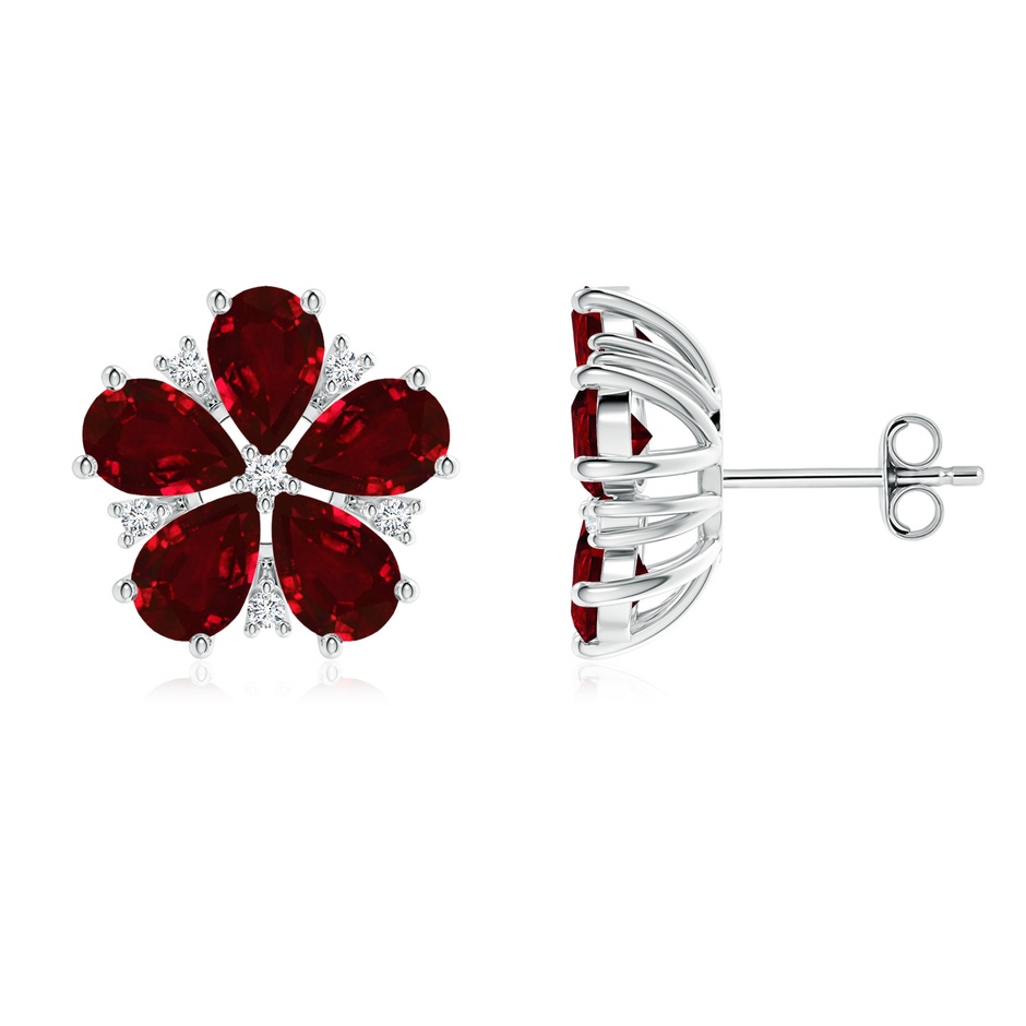 6x4mm AAAA Pear Ruby and Diamond Flower Stud Earrings in P950 Platinum 